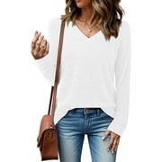 JYLFC Sweaters for Women Long Sleeve V Neck Stripe Brushed Blouse, White L