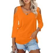 JYLFC T-Shirts for Women Criss Cross V-Neck Three-quarter Sleeves Top, Orange M