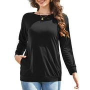 JYLFC Women Casual Long Sleeve Shirts with Pockets Crew Neck Sweatshirt with Pockets Loose Soft Lightweight Tunic Tops Black XL