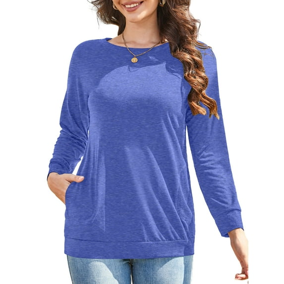JYLFC Women Casual Long Sleeve Shirts with Pockets Crew Neck Sweatshirt with Pockets Loose Soft Lightweight Tunic Tops Royal Blue XL