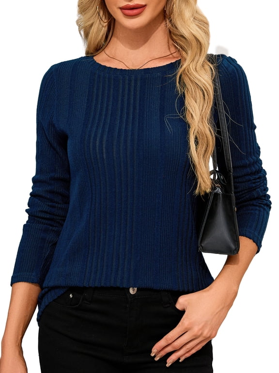 Women Casual Long Sleeve Crew Neck Pullover Sweaters Navy Blue XL