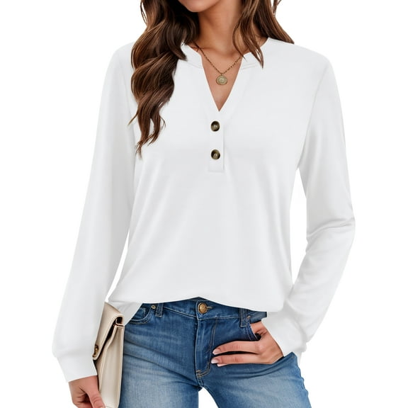 JYLFC Women Long Sleeve Henley Shirts with Button 2025 Fall Dressy Casual V Neck Tops Trendy Blouses White L