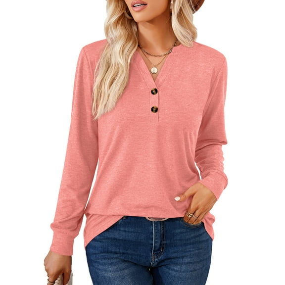 JYLFC Women Henley Shirts with Button 2025 Fall Dressy Casual V Neck Tops Trendy Long Sleeve Blouses Pink 3XL
