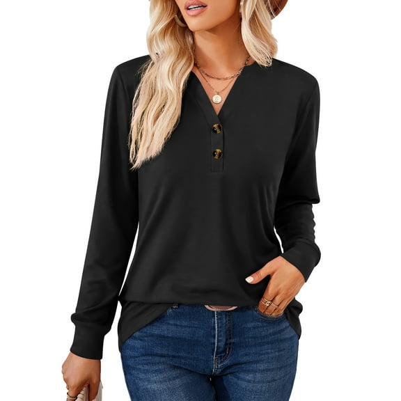 JYLFC Women Long Sleeve Tops with Button 2025 Fall Dressy Casual Henley Shirts Trendy Blouses Black L