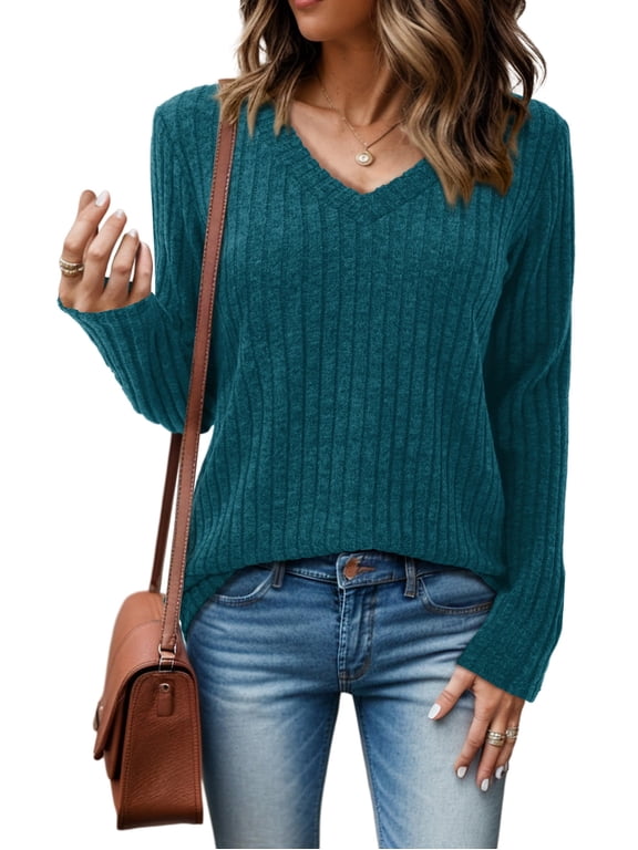 Women Long Sleeve V-Neck Sweatshirts Brushed Tunic Sweaters, Blue L