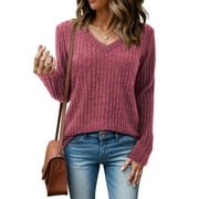 JYLFC Womens Tops V-Neck Long Sleeve Brushed Cotton Sweater, Burgundy M