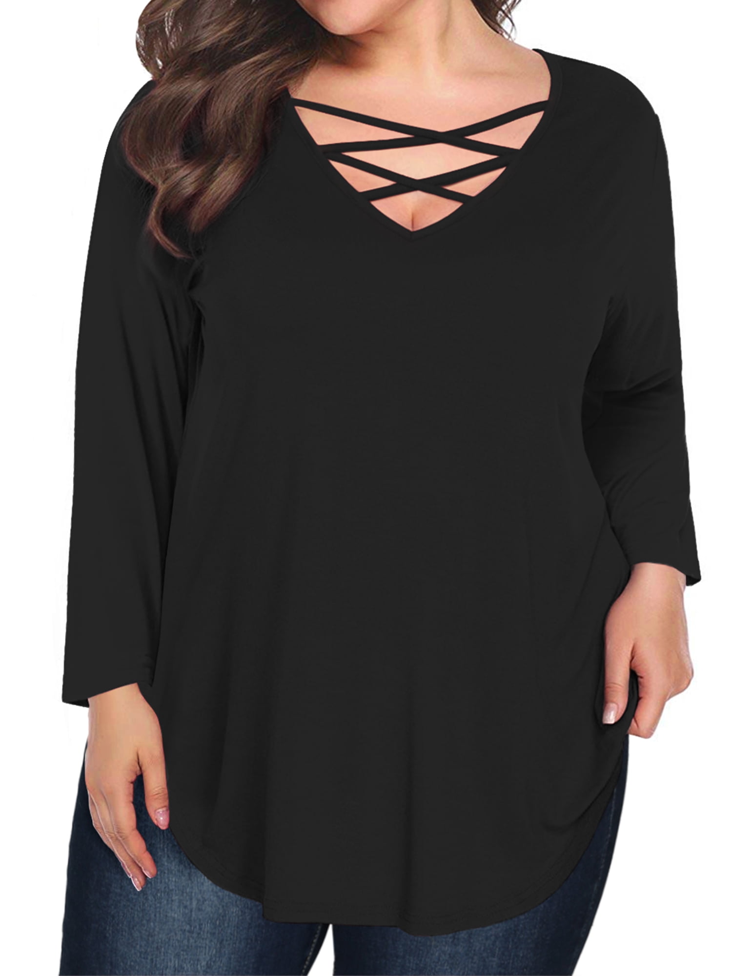 JYLFC Women Plus Size Long Sleeve T Shirts Criss Cross Neck Blouse ...