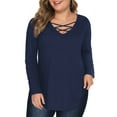 thumbnail image 1 of JYLFC Women Plus Size Long Sleeve T Shirts Criss Cross Neck Blouse, Navy Blue 4XL, 1 of 4