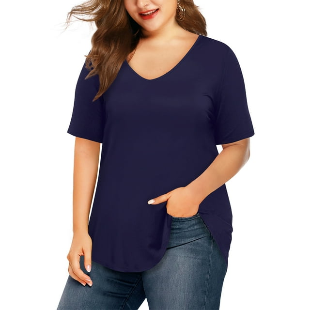 JYLFC Women Plus Size Shirts Short Sleeve T Shirts V Neck Summer Blouse, Navy 4XL