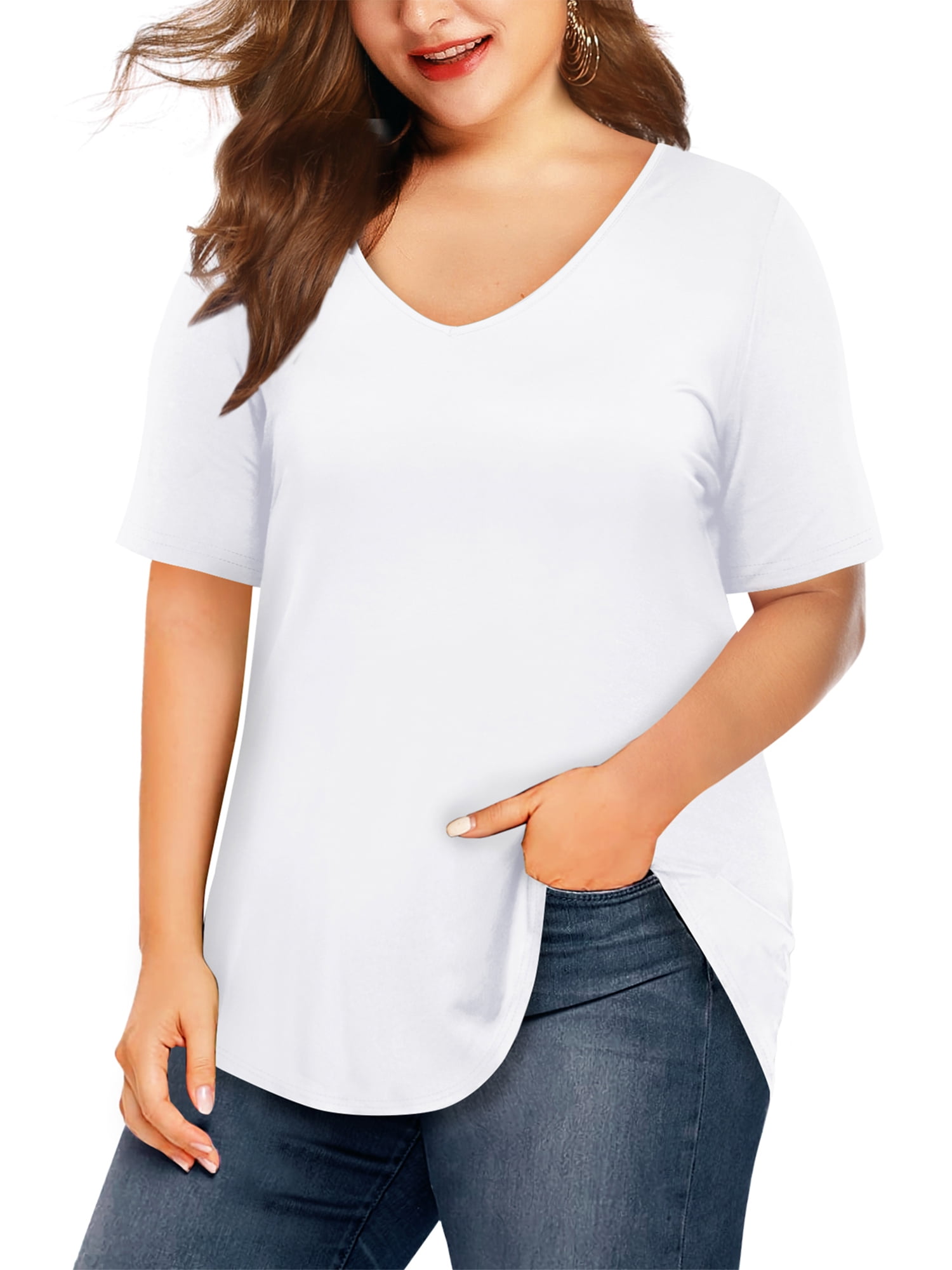 Women Plus Size High Neck Stretch T-Shirt- White