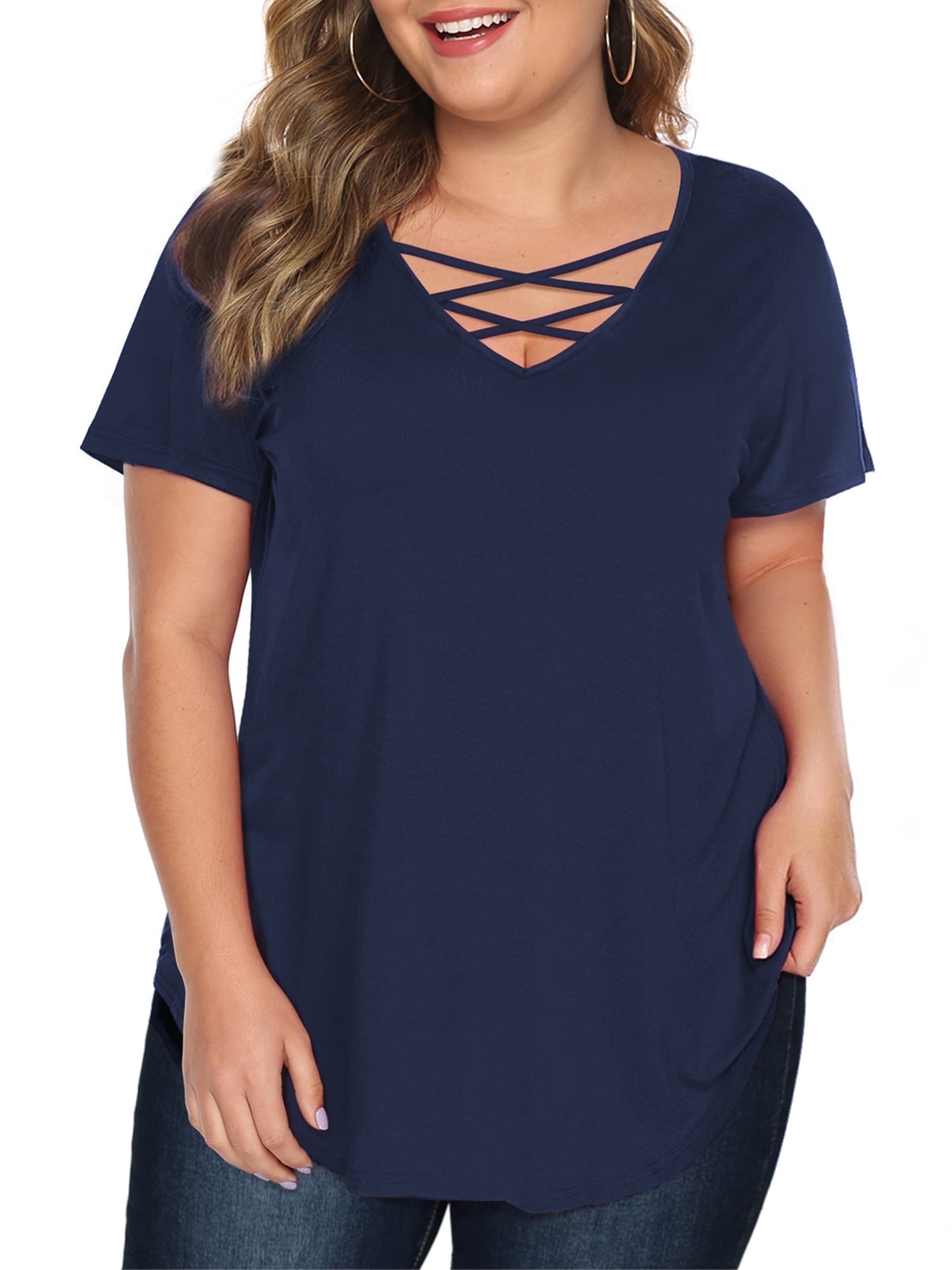 JYLFC Women Plus Size Short Sleeve T Shirts Criss Cross Neck Summer ...