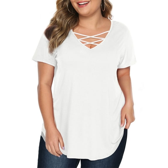 JYLFC Women Plus Size Short Sleeve T Shirts Criss Cross Neck Summer Blouse, White 2XL