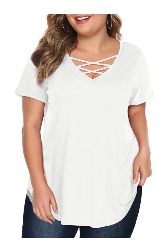Women Plus Size Short Sleeve T Shirts Criss Cross Neck Summer Blouse, White 2XL