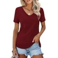 thumbnail image 1 of JYLFC Women Plus Size T Shirts V Neck Loose Fit Basic Tops, Claret 4XL, 1 of 4