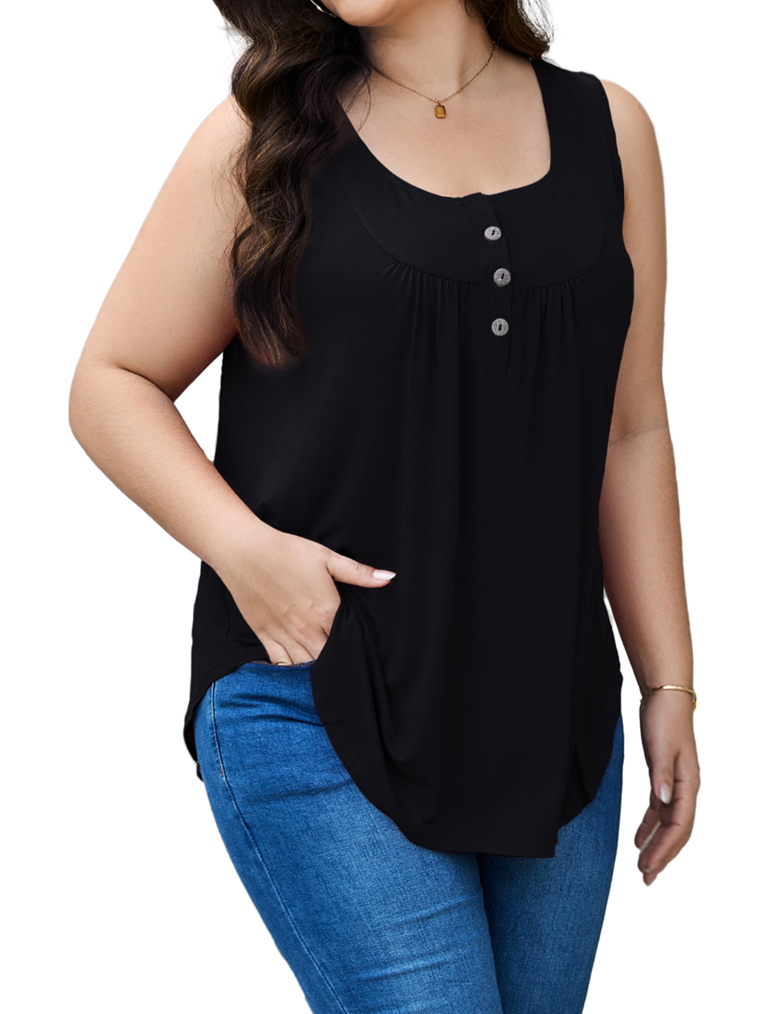 JYLFC Women Plus Size V Neck Tank Henley Pleated Sleeves Tops, Black ...