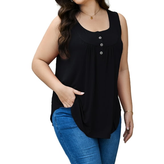JYLFC Women Plus Size V Neck Tank Henley Pleated Sleeves Tops, Black 2XL