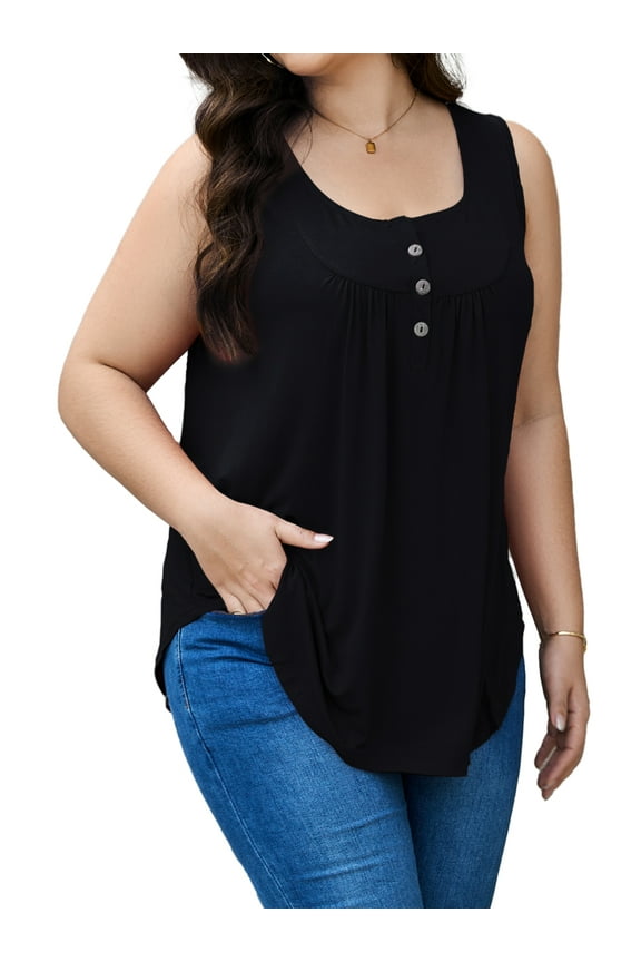 Women Plus Size V Neck Tank Henley Pleated Sleeves Tops, Black 2XL
