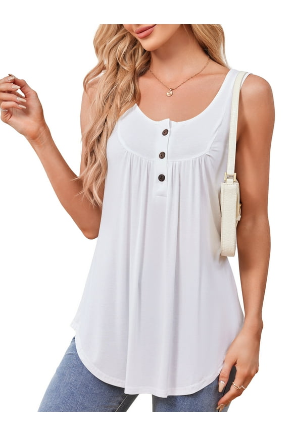 Women Plus Size V Neck Tank Henley Pleated Sleeves Tops, White 2XL