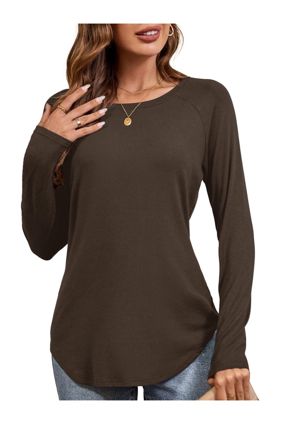 Women Raglan Shirts Round Neck Tunic Tops Long Sleeve Shirts, Brown 2XL