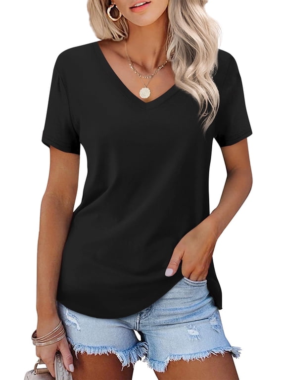 Women Shirts Short Sleeve T Shirts V Neck Tee Tops Solid Tunic, Black XL
