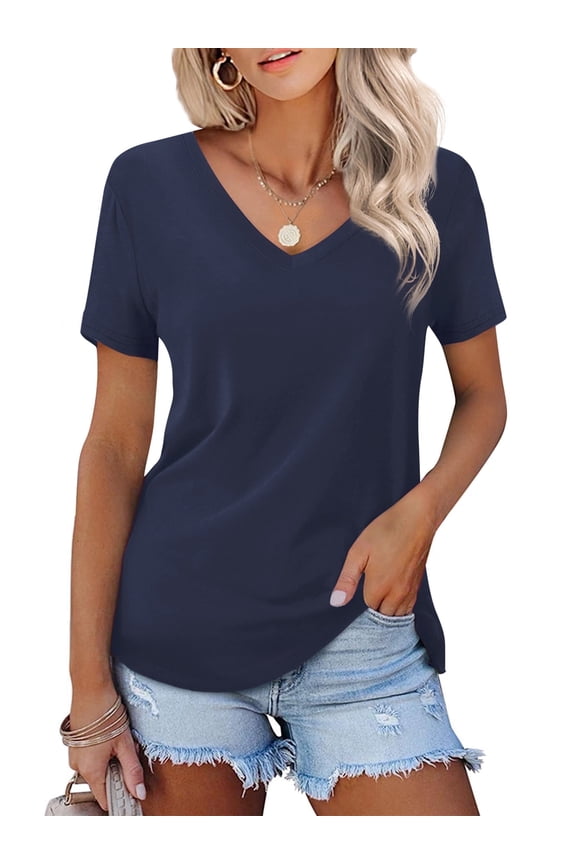 Women Shirts Short Sleeve T Shirts V Neck Tee Tops Solid Tunic, Navy XL