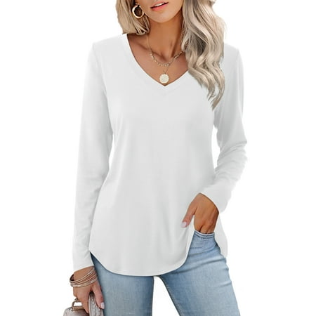 JYLFC Women Shirts V Neck Tunic Tops Long Sleeve Shirts Curved Hem, White 2XL