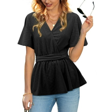JYLFC Women Short Sleeve V-Neck Blouse Peplum Tops with Ruffle Hem, Black 2XL