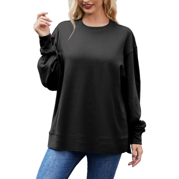 JYLFC Women Oversized Pullover Sweatshirt Crewneck Side Split Fleece Fall Fashion Long Sleeve Shirts Black 4XL