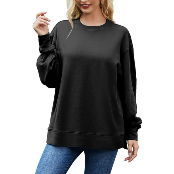 JYLFC Women Oversized Pullover Sweatshirt Crewneck Side Split Fleece Fall Fashion Long Sleeve Shirts Black 4XL