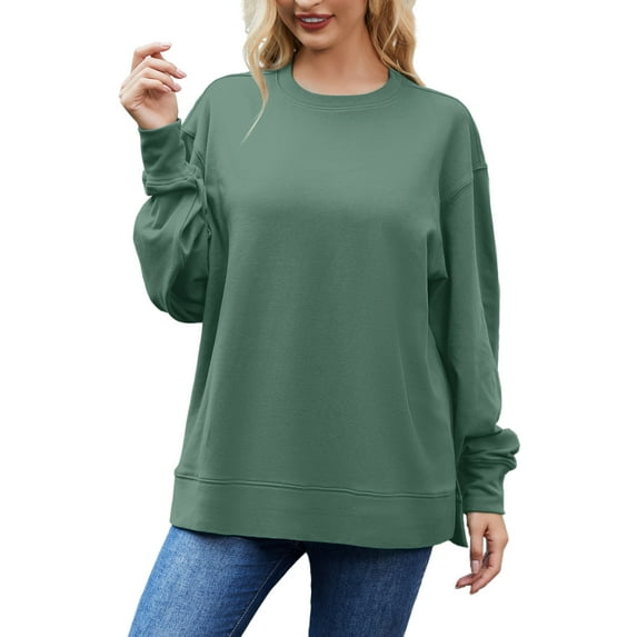 JYLFC Women Crewneck Sweatshirt Crewneck Side Split Fleece Fall Fashion Long Sleeve Shirts Green 4XL