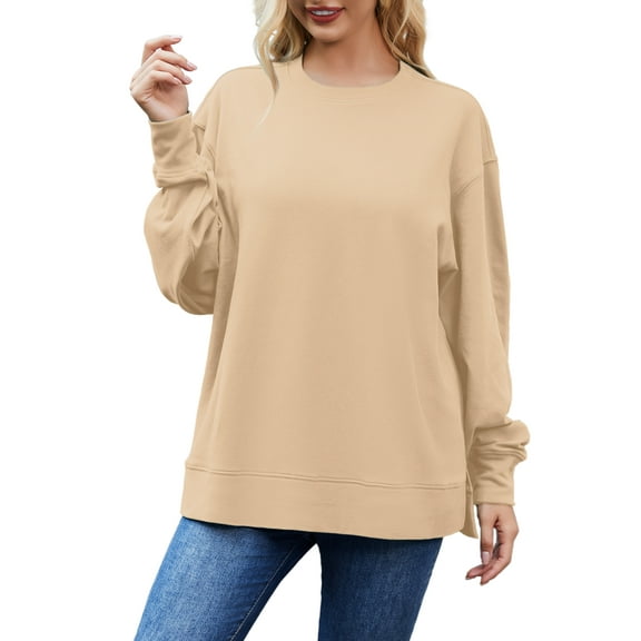 JYLFC Ladies Oversized Pullover Sweatshirt Crewneck Side Split Fleece Fall Fashion Long Sleeve Shirts Khaki 2XL
