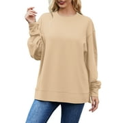JYLFC Ladies Plus Size Sweatshirt Crewneck Side Split Fleece Fall Fashion Long Sleeve Shirts Khaki 3XL
