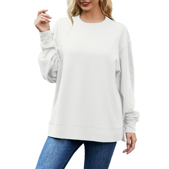 JYLFC Women Oversized Pullover Sweatshirt Crewneck Side Split Lightweight Fall Fashion Long Sleeve Shirts White 3XL