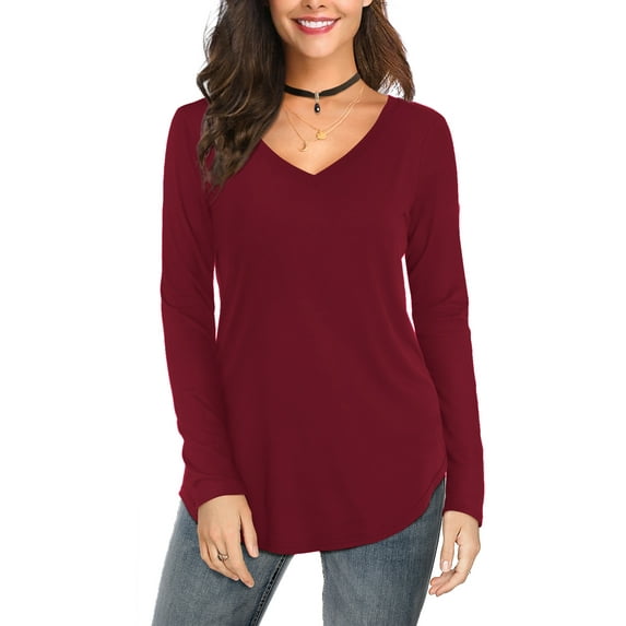 JYLFC Women Plus Size T-Shirts Long Sleeve Tee V Neck Loose Tops Solid Tunic, Burgundy 5XL