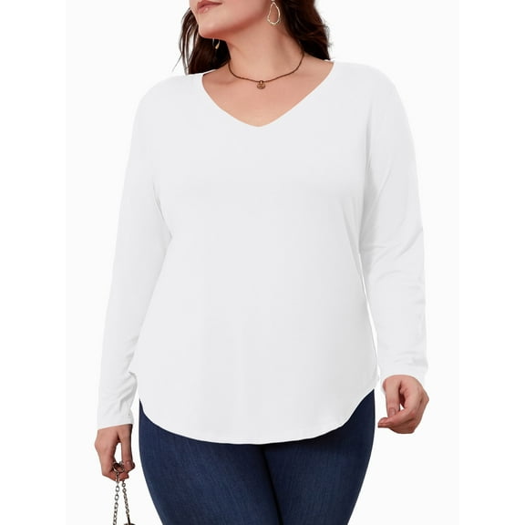 JYLFC Women T-Shirts Long Sleeve Tee V Neck Loose Tops Solid Tunic, White 4XL