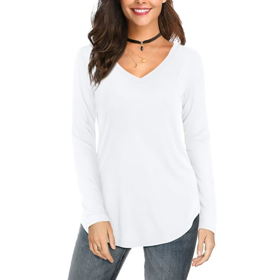 JYLFC Women T-Shirts Long Sleeve Tee V Neck Loose Tops Solid Tunic, White XL