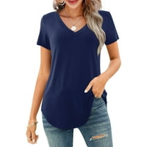 JYLFC Women T-Shirts Short Sleeve Tee V Neck Loose Tops Solid Tunic, Navy XL