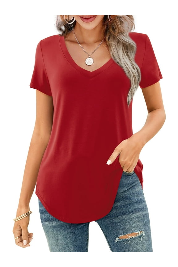 Women T-Shirts Short Sleeve Tee V Neck Loose Tops Solid Tunic, Red XL