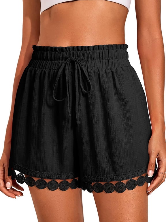 Womens Shorts Summer Casual Loose Elastic Waist Drawstring Lace Boho Beach Cover Up Shorts, Black L