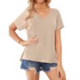 thumbnail image 1 of JYLFC Women's Casual V-Neck Short Sleeve T-Shirt Solid Loose Fit Basic Tee Top Going Out Basic Summer Blouse, Khaki L, 1 of 7