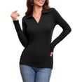 thumbnail image 1 of JYLFC Women's Long Sleeve Polo V Neck T Shirts Fall Ribbed Knit Slim Fitted Collared Tops, Black XL, 1 of 8