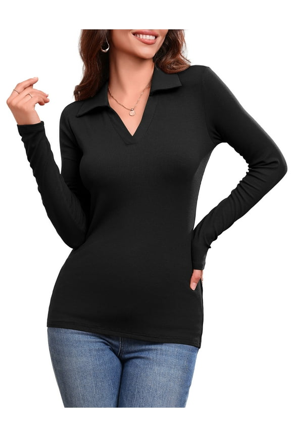 Women's Long Sleeve Polo V Neck T Shirts Fall Ribbed Knit Slim Fitted Collared Tops, Black XL