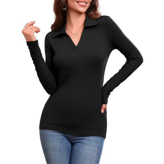 JYLFC Women's Long Sleeve Polo V Neck T Shirts Fall Ribbed Knit Slim Fitted Collared Tops, Black XL