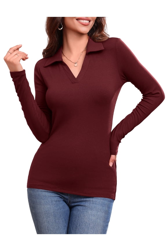 Women's Long Sleeve Polo V Neck T Shirts Fall Ribbed Knit Slim Fitted Collared Tops, Burgundy L