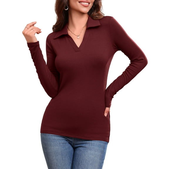 JYLFC Women's Long Sleeve Polo V Neck T Shirts Fall Ribbed Knit Slim Fitted Collared Tops, Burgundy M