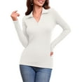 thumbnail image 1 of JYLFC Women's Long Sleeve Polo V Neck T Shirts Fall Ribbed Knit Slim Fitted Collared Tops, White M, 1 of 8