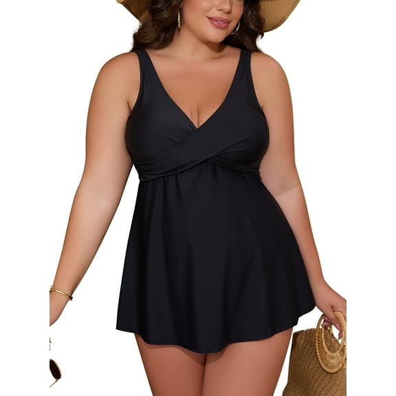 JYLFC Women's Tankini Bathing Suits Two-Piece Plus Size Swimwear High Waist Printing Padded Swimsuits with Boyshorts Black XL