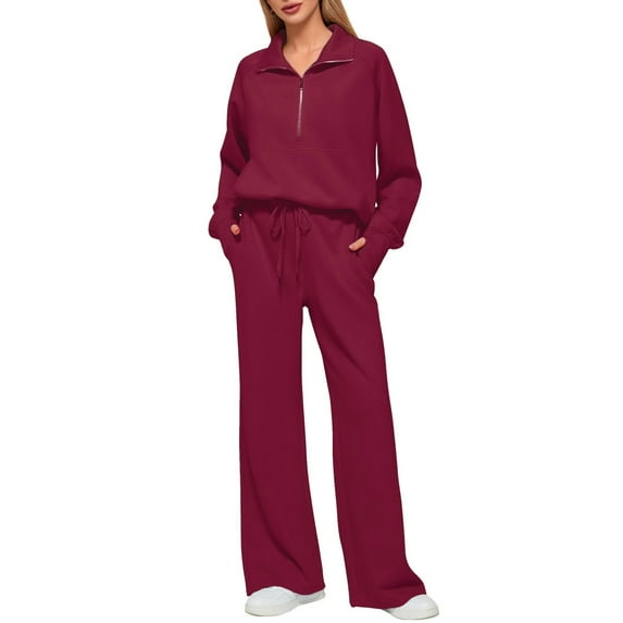 JYLFC Womens 2 Piece Outfits Set Lounge Hoodie Sweatsuit Sets Oversized Half Zip Sweatshirt Sweatpants with Pockets Burgundy 2XL
