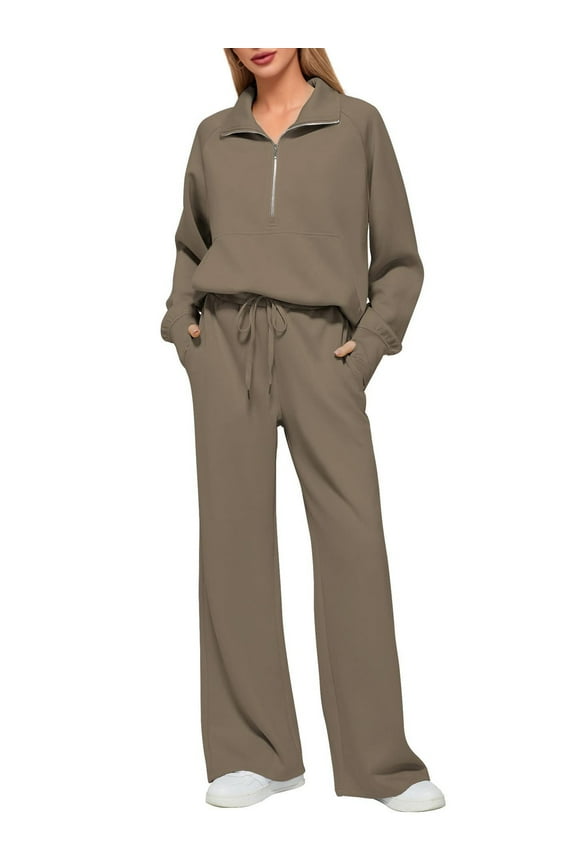 Womens 2 Piece Outfits Set Jogger and Hoodie Sweatsuit Sets Oversized Half Zip Sweatshirt Sweatpants with Pockets Khaki L