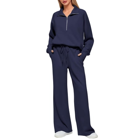 JYLFC Womens 2 Piece Outfits Set Lounge Hoodie Sweatsuit Sets Oversized Half Zip Sweatshirt Sweatpants with Pockets Navy Blue 2XL